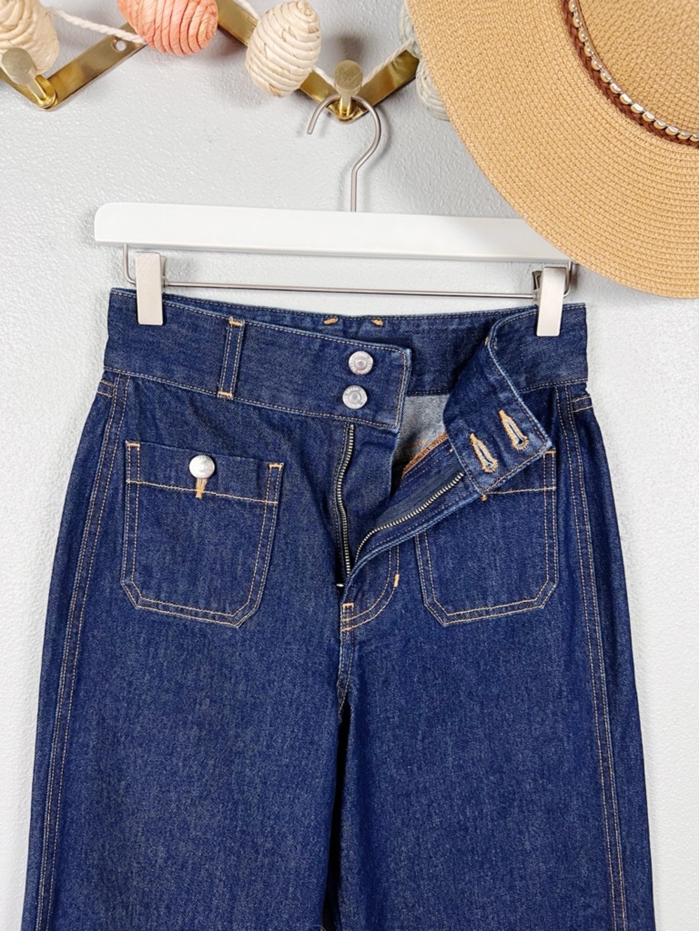 Veronica Beard Taylor Wide Leg High Rise Patch Pocket Jeans Indigo Rinse Size 26 - Picture 5 of 12